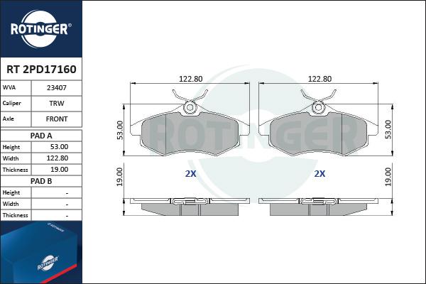 Rotinger RT 2PD17160 - Тормозные колодки, дисковые, комплект autospares.lv