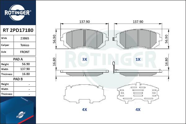 Rotinger RT 2PD17180 - Тормозные колодки, дисковые, комплект autospares.lv