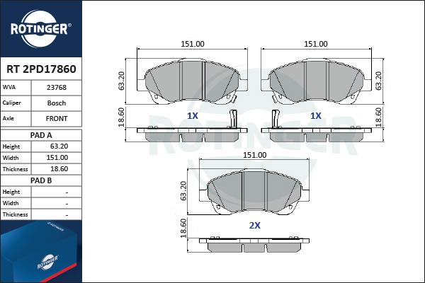 Rotinger RT 2PD17860 - Тормозные колодки, дисковые, комплект autospares.lv