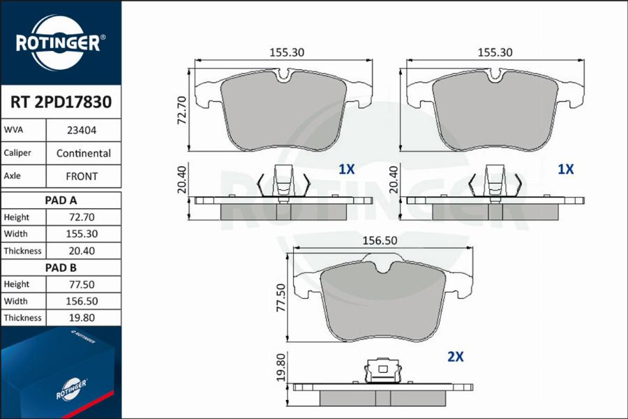 Rotinger RT 2PD17830 - Тормозные колодки, дисковые, комплект autospares.lv