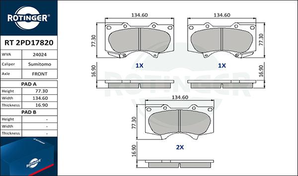 Rotinger RT 2PD17820 - Тормозные колодки, дисковые, комплект autospares.lv