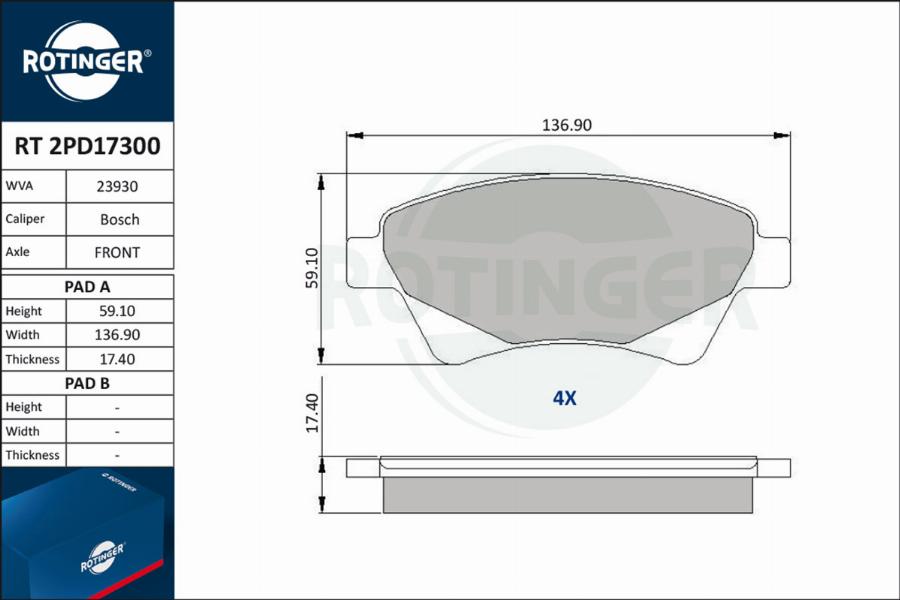 Rotinger RT 2PD17300 - Тормозные колодки, дисковые, комплект autospares.lv