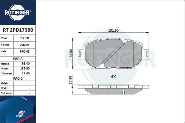 Rotinger RT 2PD17380 - Тормозные колодки, дисковые, комплект autospares.lv