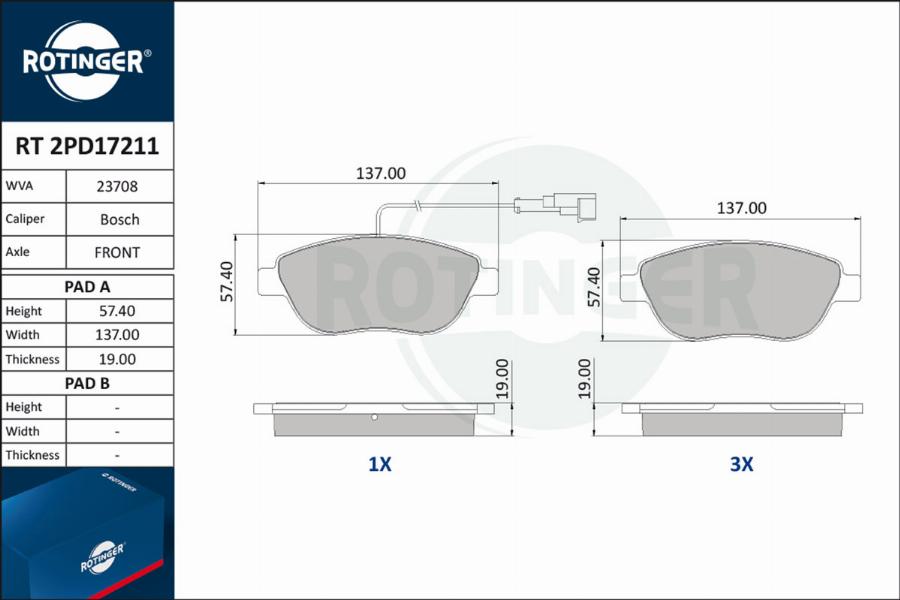 Rotinger RT 2PD17211 - Тормозные колодки, дисковые, комплект autospares.lv