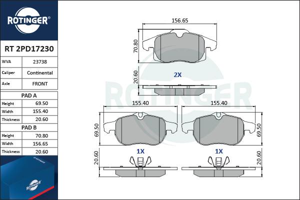 Rotinger RT 2PD17230 - Тормозные колодки, дисковые, комплект autospares.lv