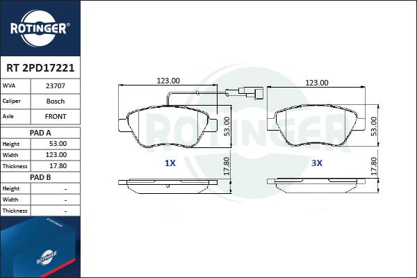 Rotinger RT 2PD17221 - Тормозные колодки, дисковые, комплект autospares.lv