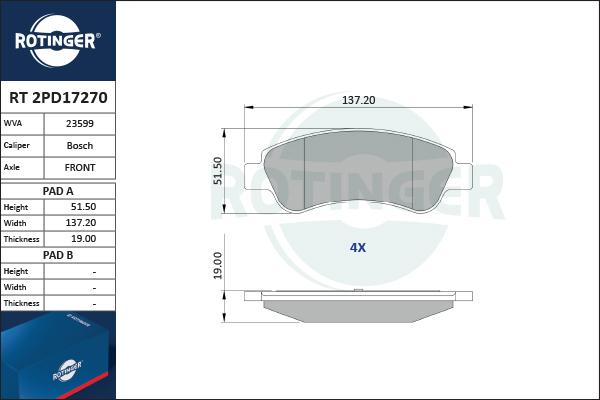 Rotinger RT 2PD17270 - Тормозные колодки, дисковые, комплект autospares.lv