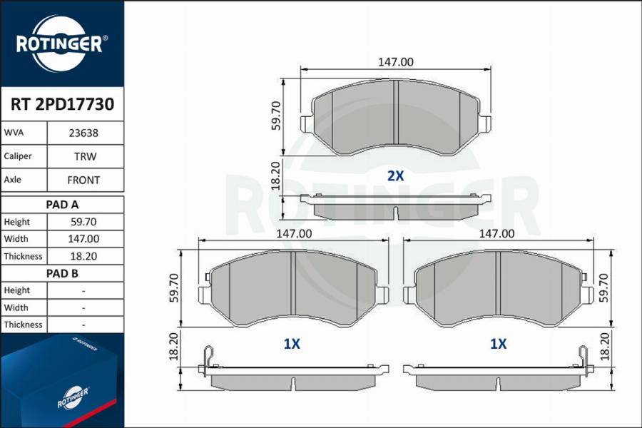 Rotinger RT 2PD17730 - Тормозные колодки, дисковые, комплект autospares.lv