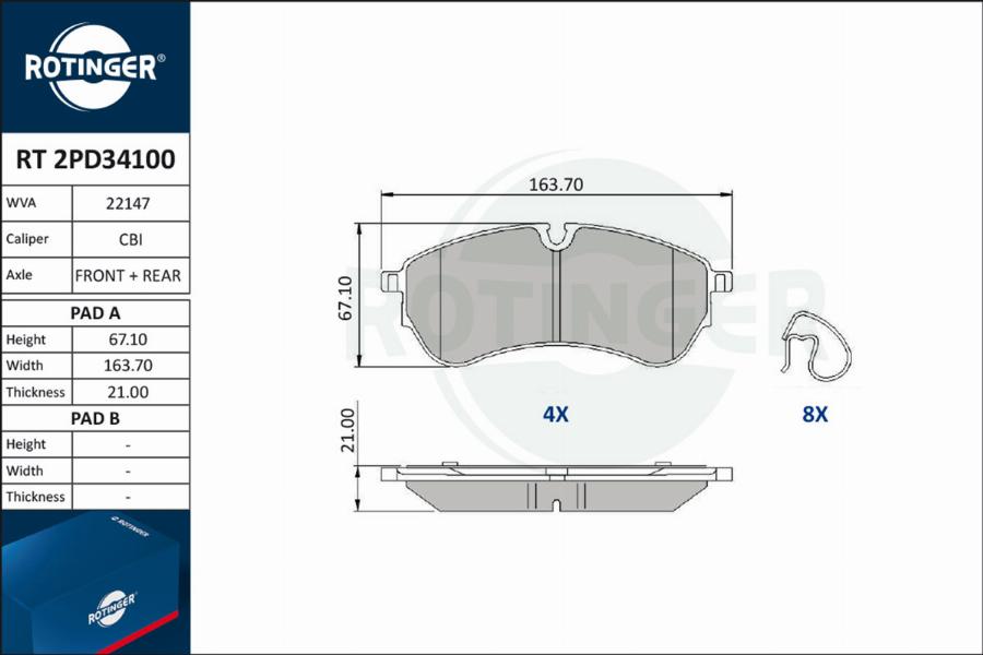 Rotinger RT 2PD34100 - Тормозные колодки, дисковые, комплект autospares.lv