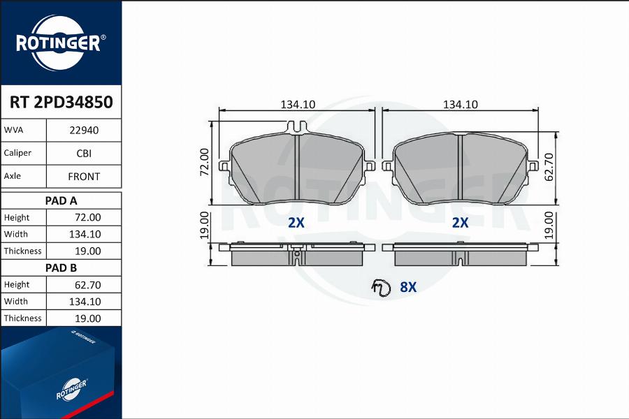 Rotinger RT 2PD34850 - Тормозные колодки, дисковые, комплект autospares.lv