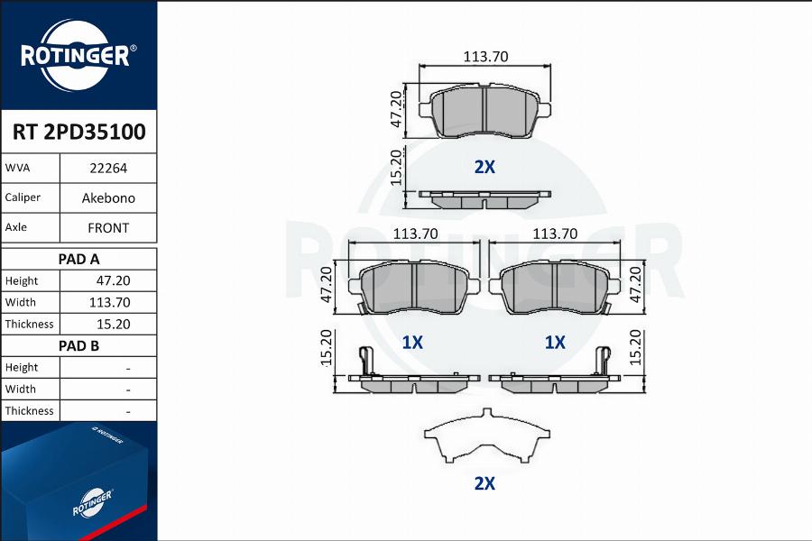 Rotinger RT 2PD35100 - Тормозные колодки, дисковые, комплект autospares.lv