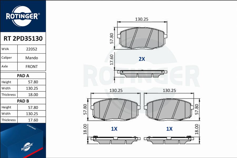 Rotinger RT 2PD35130 - Тормозные колодки, дисковые, комплект autospares.lv