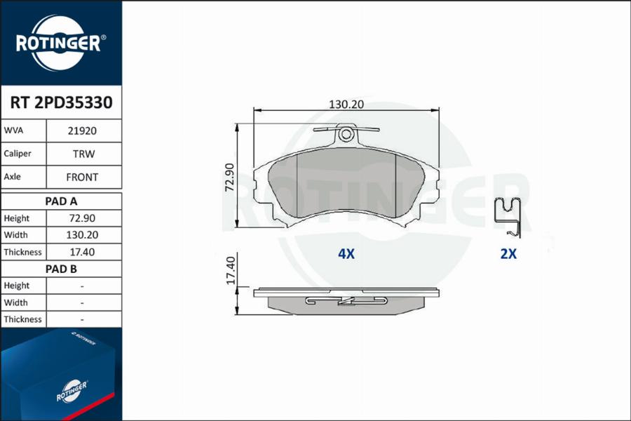 Rotinger RT 2PD35330 - Тормозные колодки, дисковые, комплект autospares.lv