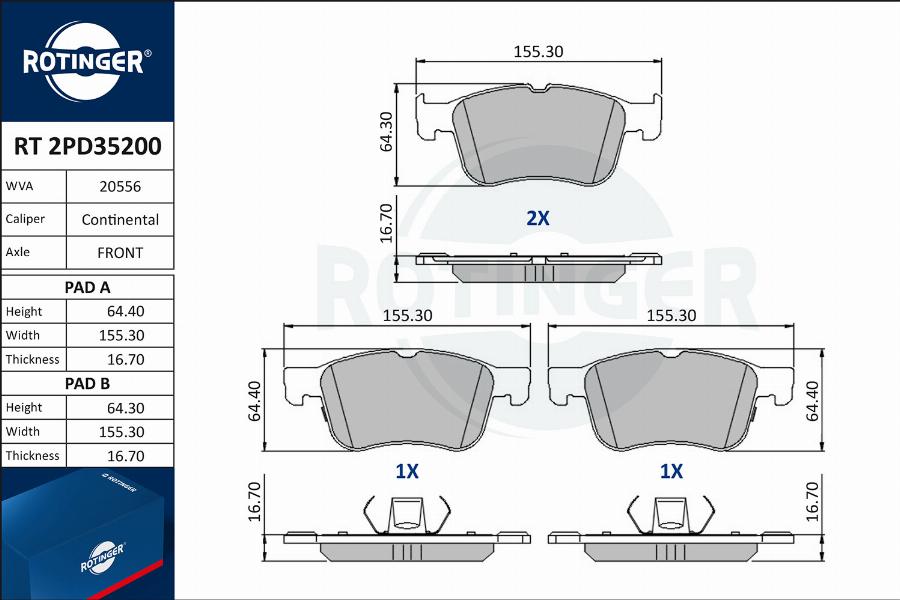 Rotinger RT 2PD35200 - Тормозные колодки, дисковые, комплект autospares.lv