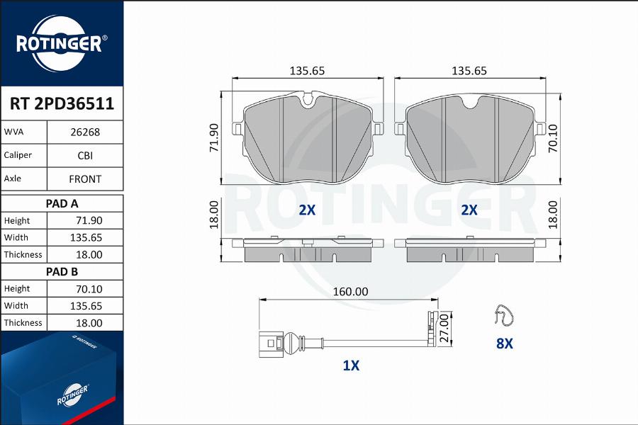 Rotinger RT 2PD36511 - Тормозные колодки, дисковые, комплект autospares.lv