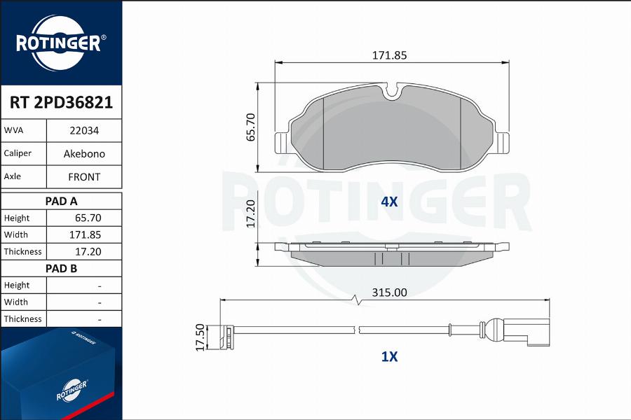 Rotinger RT 2PD36821 - Тормозные колодки, дисковые, комплект autospares.lv