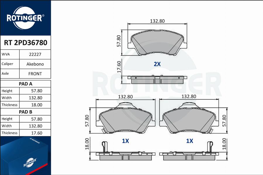 Rotinger RT 2PD36780 - Тормозные колодки, дисковые, комплект autospares.lv