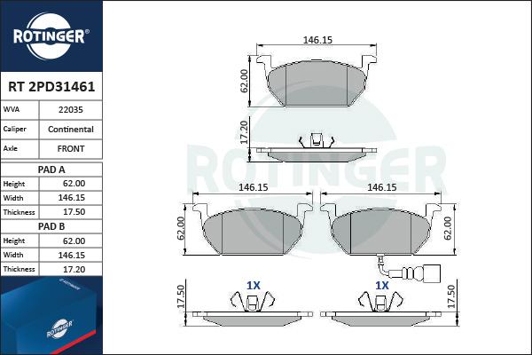 Rotinger RT 2PD31461 - Тормозные колодки, дисковые, комплект autospares.lv