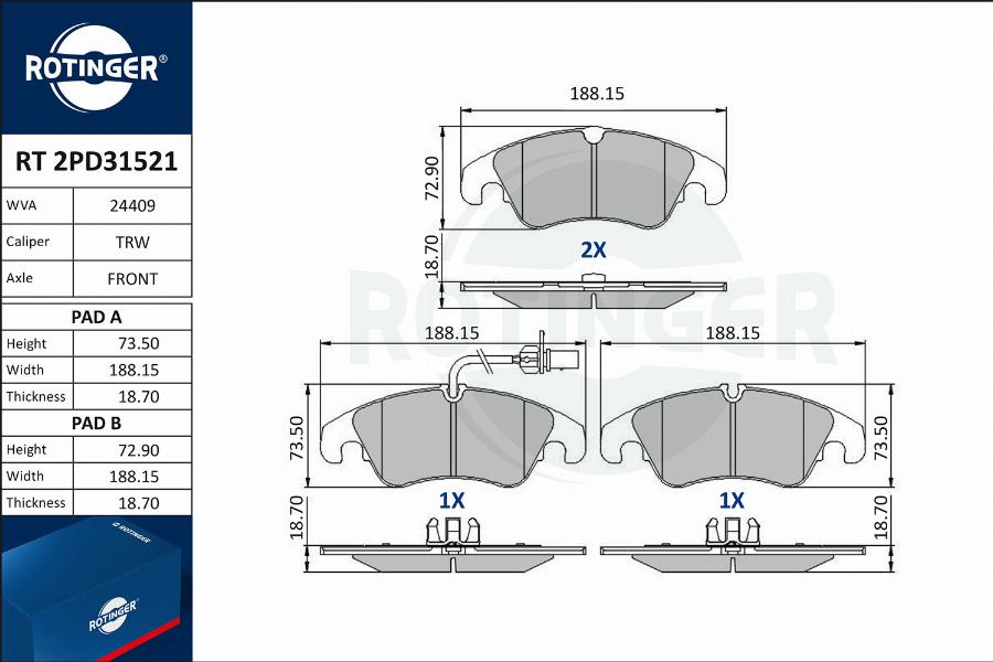 Rotinger RT 2PD31521 - Тормозные колодки, дисковые, комплект autospares.lv