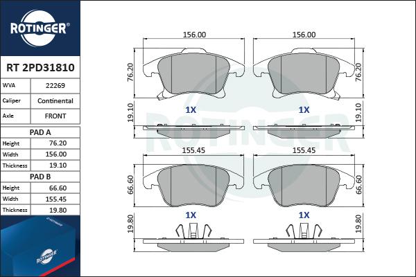 Rotinger RT 2PD31810 - Тормозные колодки, дисковые, комплект autospares.lv