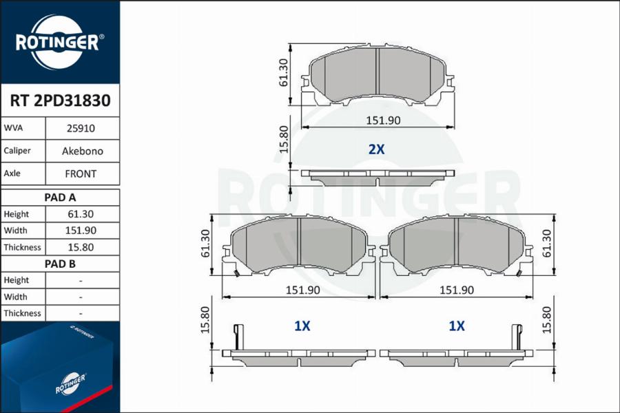 Rotinger RT 2PD31830 - Тормозные колодки, дисковые, комплект autospares.lv