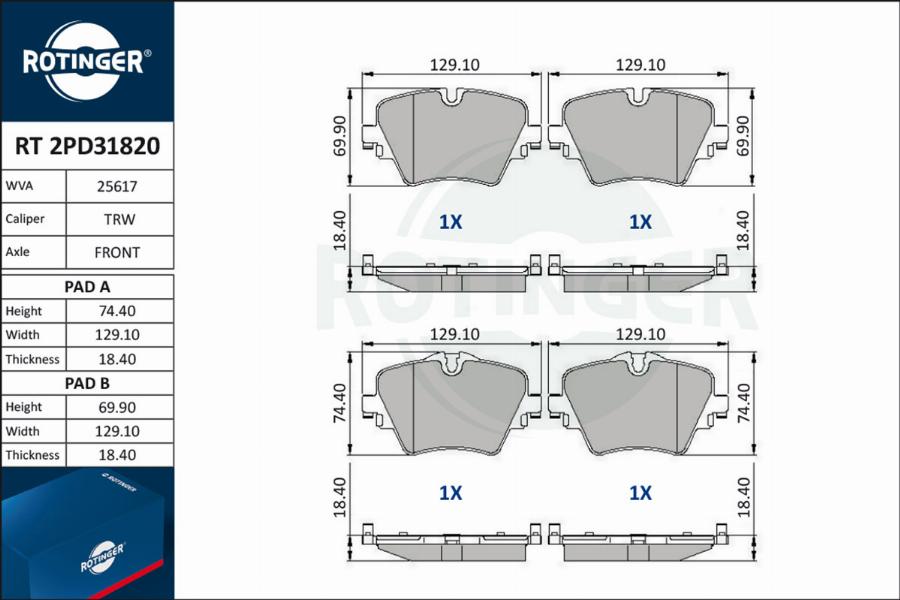 Rotinger RT 2PD31820 - Тормозные колодки, дисковые, комплект autospares.lv