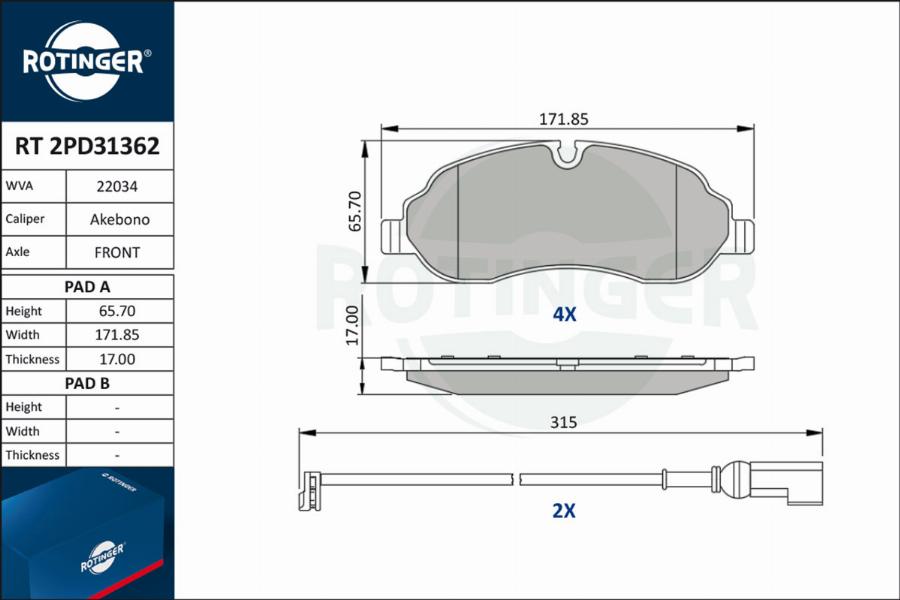 Rotinger RT 2PD31362 - Тормозные колодки, дисковые, комплект autospares.lv