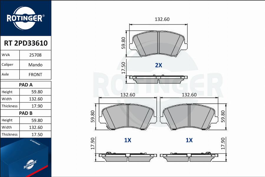 Rotinger RT 2PD33610 - Тормозные колодки, дисковые, комплект autospares.lv