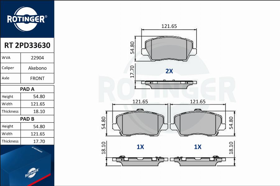 Rotinger RT 2PD33630 - Тормозные колодки, дисковые, комплект autospares.lv