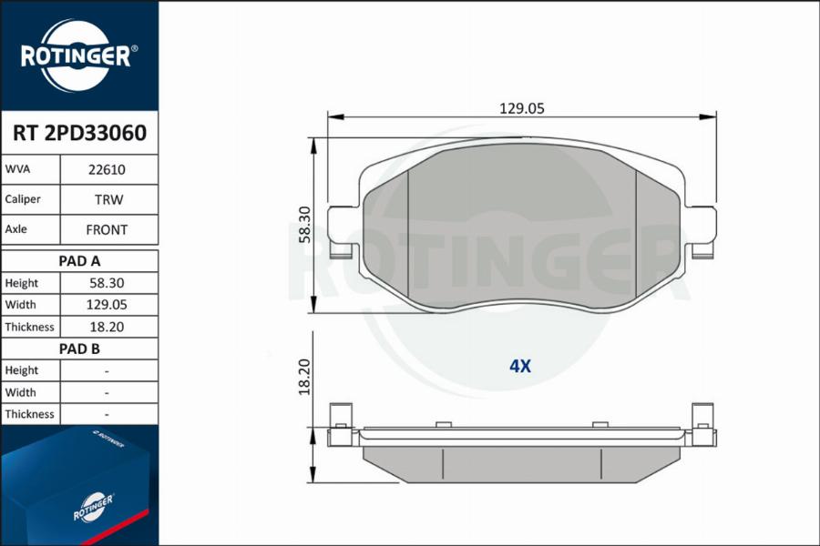 Rotinger RT 2PD33060 - Тормозные колодки, дисковые, комплект autospares.lv