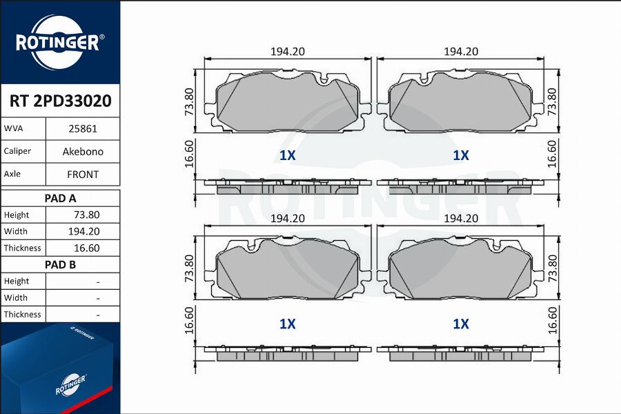 Rotinger RT 2PD33020 - Тормозные колодки, дисковые, комплект autospares.lv