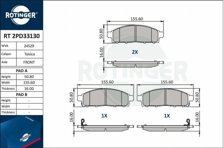 Rotinger RT 2PD33130 - Тормозные колодки, дисковые, комплект autospares.lv