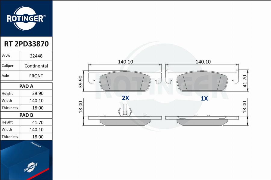 Rotinger RT 2PD33870 - Тормозные колодки, дисковые, комплект autospares.lv