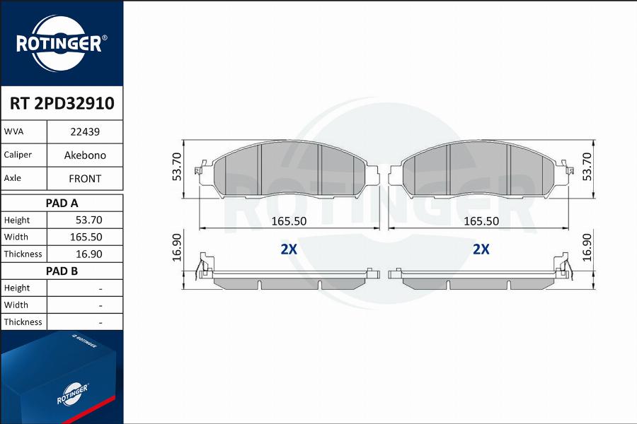 Rotinger RT 2PD32910 - Тормозные колодки, дисковые, комплект autospares.lv