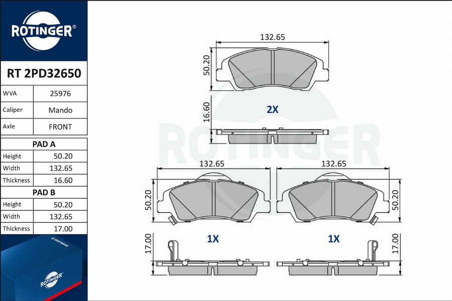 Rotinger RT 2PD32650 - Тормозные колодки, дисковые, комплект autospares.lv