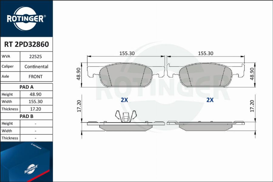 Rotinger RT 2PD32860 - Тормозные колодки, дисковые, комплект autospares.lv