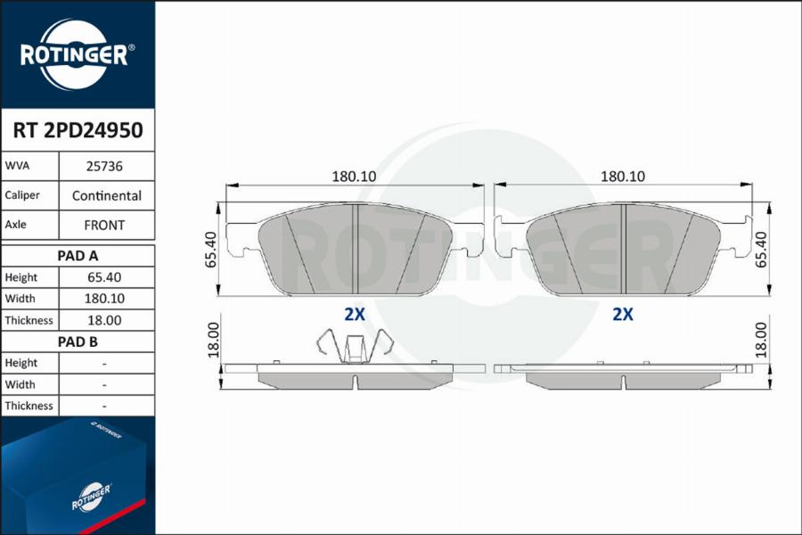 Rotinger RT 2PD24950 - Тормозные колодки, дисковые, комплект autospares.lv