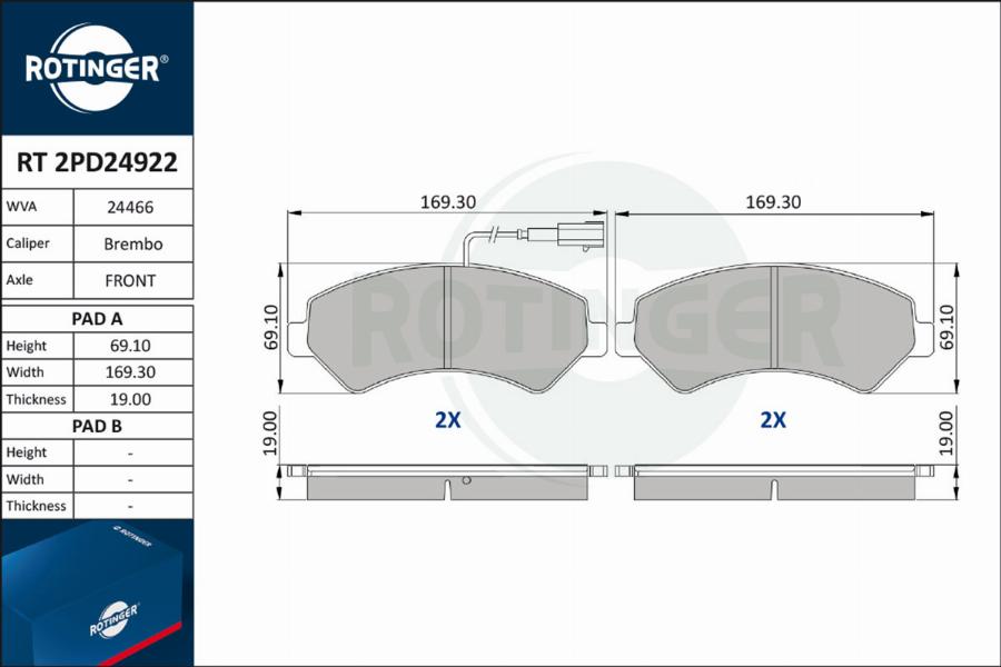 Rotinger RT 2PD24922 - Тормозные колодки, дисковые, комплект autospares.lv