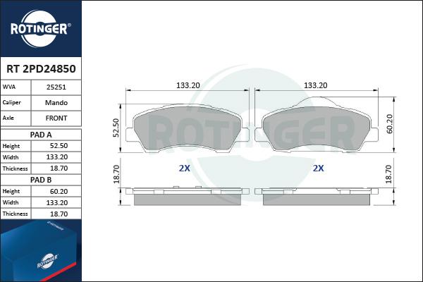 Rotinger RT 2PD24850 - Тормозные колодки, дисковые, комплект autospares.lv