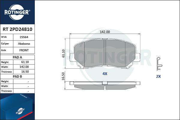 Rotinger RT 2PD24810 - Тормозные колодки, дисковые, комплект autospares.lv