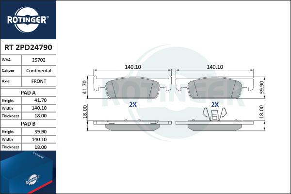 Rotinger RT 2PD24790 - Тормозные колодки, дисковые, комплект autospares.lv