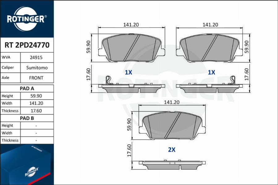 Rotinger RT 2PD24770 - Тормозные колодки, дисковые, комплект autospares.lv