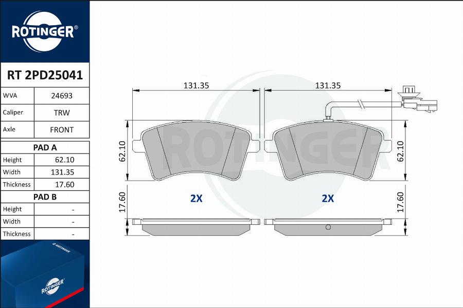 Rotinger RT 2PD25041 - Тормозные колодки, дисковые, комплект autospares.lv