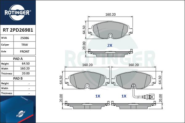 Rotinger RT 2PD26981 - Тормозные колодки, дисковые, комплект autospares.lv