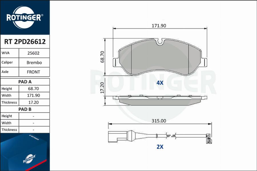 Rotinger RT 2PD26612 - Тормозные колодки, дисковые, комплект autospares.lv