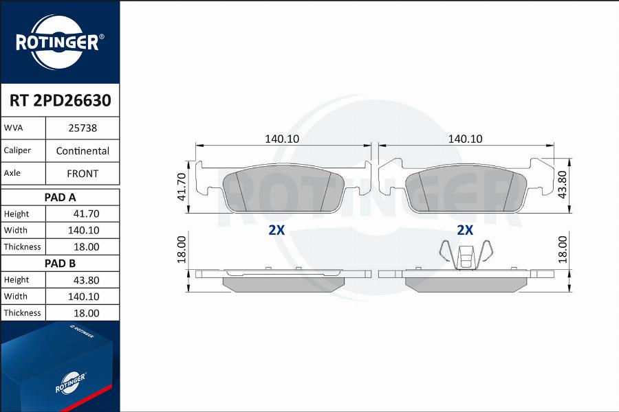 Rotinger RT 2PD26630 - Тормозные колодки, дисковые, комплект autospares.lv