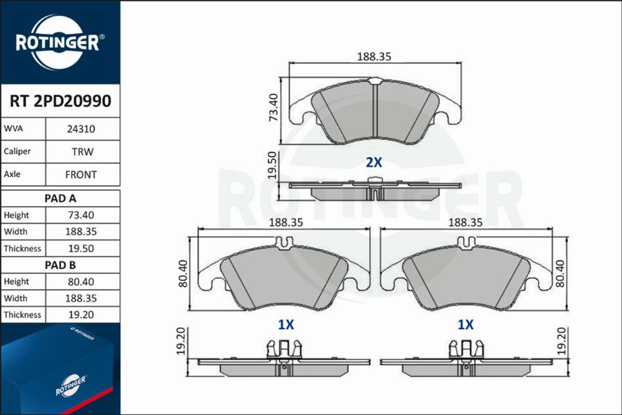 Rotinger RT 2PD20990 - Тормозные колодки, дисковые, комплект autospares.lv