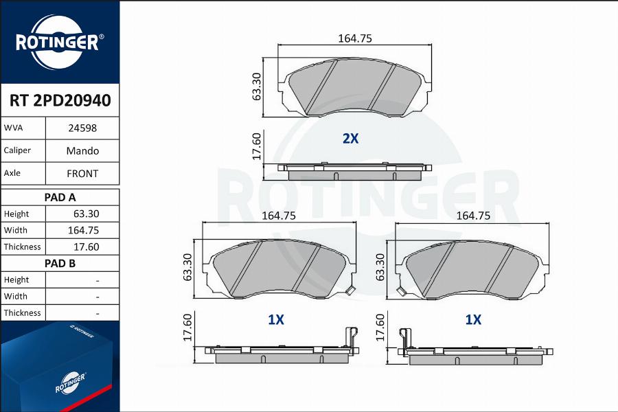 Rotinger RT 2PD20940 - Тормозные колодки, дисковые, комплект autospares.lv