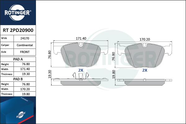 Rotinger RT 2PD20900 - Тормозные колодки, дисковые, комплект autospares.lv