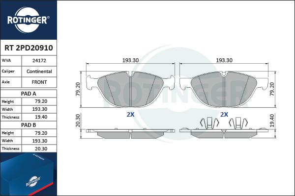 Rotinger RT 2PD20910 - Тормозные колодки, дисковые, комплект autospares.lv